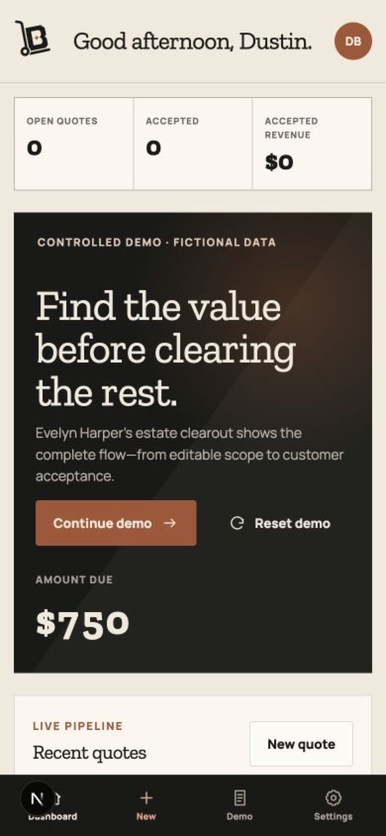 BountyQuote mobile dashboard showing a controlled fictional estate-clearout quote and a $750 amount due